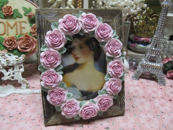 Wood PHOTO FRAME with Pink Rose Oval, Tabletop, 4"x6", Hand Molded & Hand Painted Roses, Shabby Chic, Cottage, Pink Cabbage Rose Decor