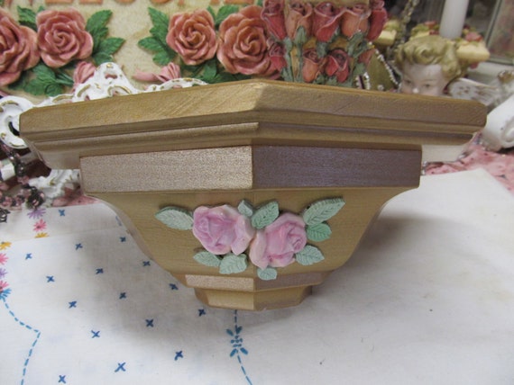 Vintage Gold WALL SHELF, Wood, Hand Painted, Added Pink Roses, Shabby Chic Decor, Cottage, French, Victorian