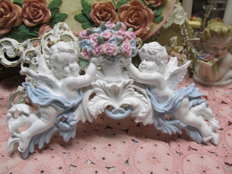 White CHERUB PEDIMENT With Pink Rose Basket, Hand Molded and Painted ...