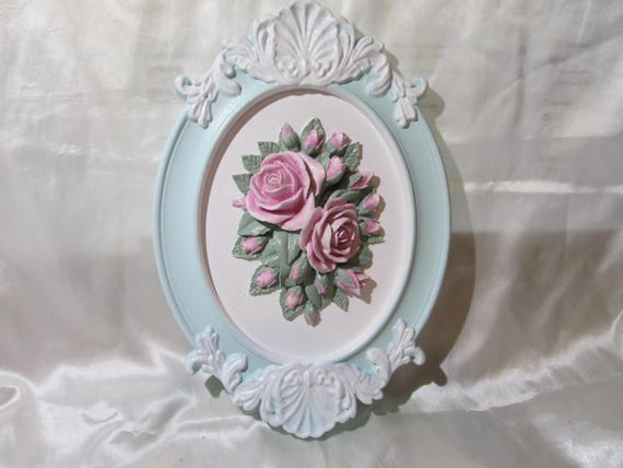 Aqua Blue Oval WALL DECOR, Pink Molded Roses, Ornate Frame, White Hi-lights, Shabby Chic Decor, Cottage, Victorian, Romantic Room  Decor
