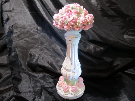 White Finial, Hand Painted and Molded Pink Cluster Rose Top, Heavy resin, Distressed, Shabby Chic, Cottage, Pink Rose Home Decor, Victorian