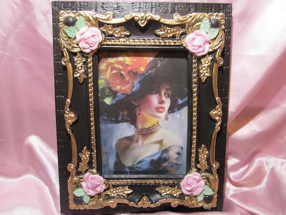 Black & Gold Ornate Photo Frame, 5x7 Photo, Hand Molded and Hand Painted, Pink Roses, Shabby Chic, Cottage, Victorian, Old World Home Decor