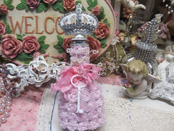 Shabby Chic DECOR BOTTLE, Glass, Cast Iron Crown Stopper, Swarovski Embellished Stopper, Pink Rose Material Covered, White Key, Vanity Decor