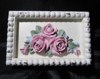 White WALL DECOR with Molded Pink Roses, Distressed, Wood, Shabby Chic, Cottage Decor, Home Decor, Chic, Pink Rose Decor