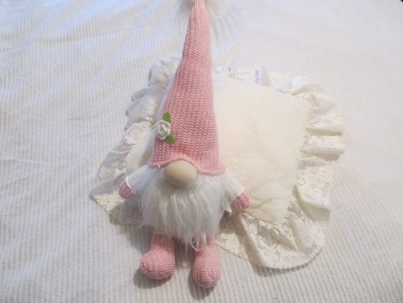 Pink KNITTED GNOME, White Fur Beard, Felt Nose, Weighted Bottom, Wired Standing Hat with Fur Top, Children, Home Decor, Shelf Gnome Decor