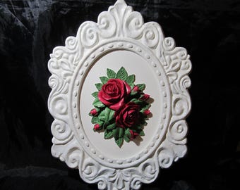 White Oval WALL DECOR, Red Molded Roses, Ornate Frame, Shabby Chic, Cottage, Victorian, Romantic Home, Pink Rose Decor