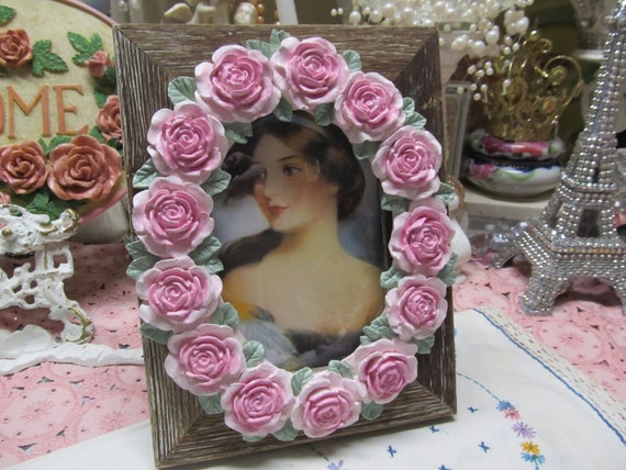 Rustic Wood PHOTO FRAME, Pink Rose Oval, 4x6, Tabletop, Hand Molded & Hand Painted Roses, Shabby Chic, Cottage, Pink Cabbage Rose Decor