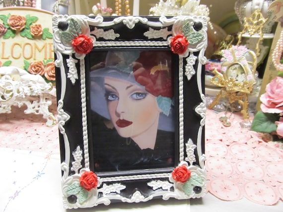Black & White Ornate Photo Frame, 5x7 Photo, Hand Molded and Hand Painted, Red Roses, Shabby Chic, Cottage, Victorian, Home Decor