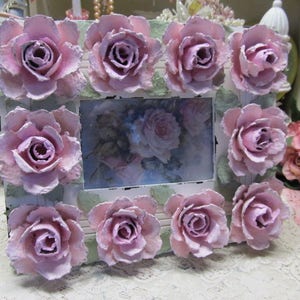 White Shabby Chic PHOTO FRAME with 10 Pink Hand Made Egg Carton Roses, 4x6 Photo. Distressed, Cottage, Pink Rose Decor, Romantic Home Decor