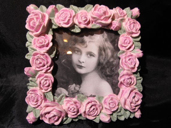 Square Photo FRAME, Pink Roses, Resin, 3.5"x3.5", Hand Painted, Shabby Chic, Cottage, Victorian