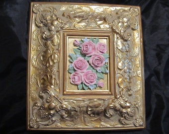 Ornate Gold FRAME with Pink Molded Roses, Wall Decor, Resin, Shabby Chic, Cottage, Victorian, Old World Decor, Romantic Home Decor
