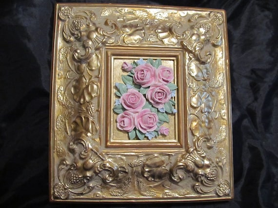 Ornate Gold FRAME with Pink Molded Roses, Wall Decor, Resin, Shabby Chic, Cottage, Victorian, Old World Decor, Romantic Home Decor