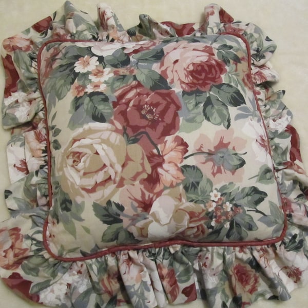 Ruffled DECOR PILLOW, Roses Pattern, Vintage Croscill, 15'x15", Washable, Shabby Chic, Cottage, Victorian, Romantic Home decor