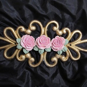 Gold WALL PEDIMENT, Cast iron, With Pink Molded Roses, Door Topper, Frame Topper, Shabby Chic, Cottage, Victorian