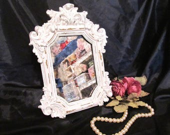 Shabby Chic Decor ORNATE TABLETOP MIRROR, White, Distressed, Smoky Mirror, Shabby Patina, Resin, Hand Painted, Shabby Chic, Cottage Chic