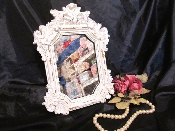 Shabby Chic Decor ORNATE TABLETOP MIRROR, White, Distressed, Smoky Mirror, Shabby Patina, Resin, Hand Painted, Shabby Chic, Cottage Chic