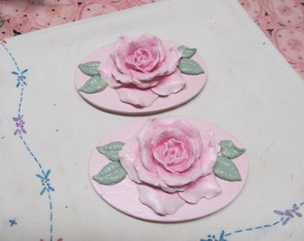 Set of 2 Pink ROSE MAGNETS on Pink Oval Wood, Hand Made, Hand Painted, Shabby Chic, Cottage, Refrigerator Magnets, Cabbage Roses, Home Decor