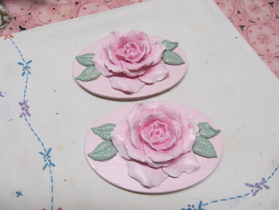 Set of 2 Pink ROSE MAGNETS on Pink Oval Wood, Hand Made, Hand Painted, Shabby Chic, Cottage, Refrigerator Magnets, Cabbage Roses, Home Decor