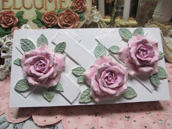 White Lattice WALL Decor, Pink Molded Roses, Pressed Wood, Shabby Chic, Cottage, Pink Rose Decor, Victorian, Cabbage Roses