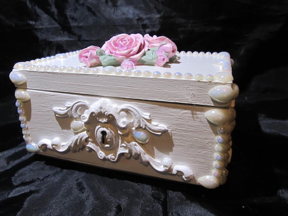 White Ornate TRINKET BOX, Pink Roses,  Pearls, Shabby Chic, Cottage, Vanity Decor, Victorian, Storage Container