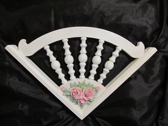 White Spindled WALL DECOR, Added Pink Roses, Vintage Bracket, Wood, Shabby Chic, Farmhouse, Cottage, Country, Pink Rose Decor, Home Decor