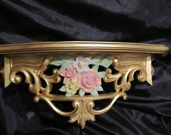 Gold Ornate WALL SHELF/Bed Crown with Hand Painted Rose Bouquet Center, Shabby Chic, Cottage Chic Decor, Romantic Home Decor, Victorian