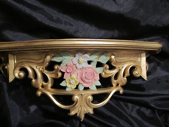 Gold Ornate WALL Shelf/bed Crown With Hand Painted Rose Bouquet Center,  Shabby Chic, Cottage Chic Decor, Romantic Home Decor, Victorian 