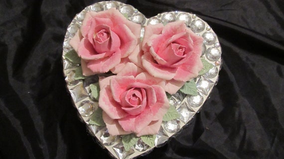 White HEART BOX, Embellished with Clear Acrylic Rhinestones, 3 Hand Made & Hand Painted Roses, Shabby Chic, Bling, Storage Box, Home Decor