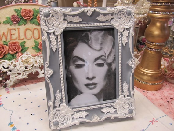 Gray PHOTO FRAME with Ornate White Detailing, Easel Back Tabletop Use, 5" x 7” Photo, Shabby Chic, Cottage Chic, Romantic Home Decor