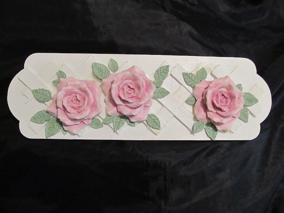 White Lattice WALL Decor, Pink Molded Roses, Wood, Shabby Chic, Cottage, Pink Rose Decor, Victorian, Cabbage Roses