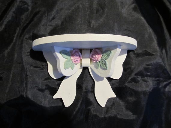White Bow Wall SHELF, Pink Molded Roses, Shabby Chic, Cottage, Home Decor, Cabbage Roses