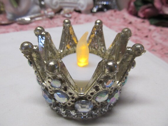 Mercury Glass CROWN Votive CANDLEHOLDER w. LED Battery Candle, Rhinestones on Side, Shabby Chic, French Crown, Cottage, Crown Collector