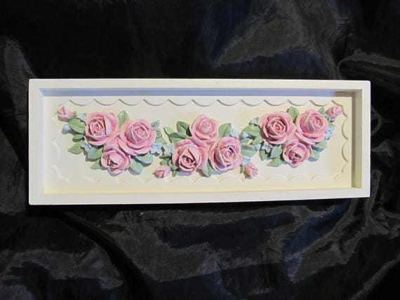 White WALL Decor, with Pink Molded Roses, Wood, Topper, Shabby Chic, Cottage, Rose Decor, Victorian