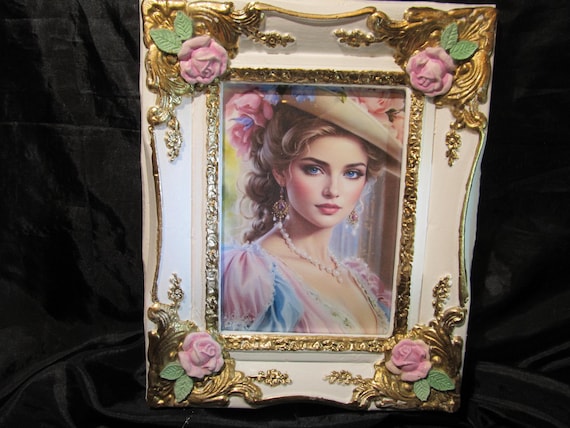 PHOTO FRAME, White, Gold Ornate Details, Pink Roses, Hand Molded, 5"X7" Photo, Shabby Chic Decor, Cottage Chic, Romantic Home Decor