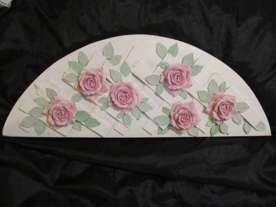 White Lattice WALL PEDIMENT, TOPPER,  Arched Design, Pink Molded Roses, Wood, Wall Decor, Shabby Chic, Cottage , Pink Rose Decor, Victorian
