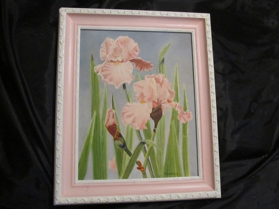 Original Painting  on Canvas of Pink Irises, Signed by Artist, Hand Painted Frame, Shabby Chic, French Country, Farmhouse, Victorian Decor