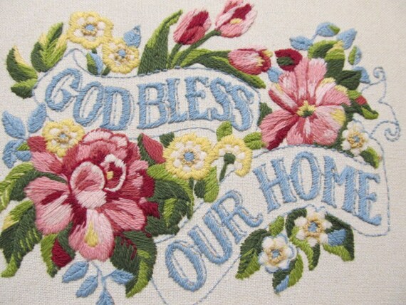 Vintage God Bless Our Home Embroidery Wall Decor Etsy