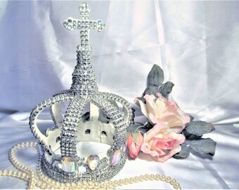 Shabby Chic WHITE CROWN, Heavy Cast Iron. Strip Swarovski Rhinestones, Acrylic Borealis Rhinestones, Crown Decor, Cottage Chic, Bling!