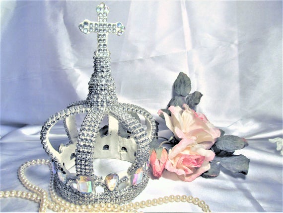 Shabby Chic WHITE CROWN, Heavy Cast Iron. Strip Swarovski Rhinestones, Acrylic Borealis Rhinestones, Crown Decor, Cottage Chic, Bling!