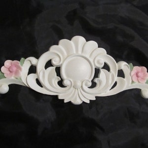 White Ornate Pediment with Pink Flowers, WALL DECOR, Plaster, Handmade, Hand Painted, Shabby Chic, Cottage, Topper, Romantic Home Decor