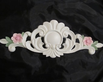 White Ornate Pediment with Pink Flowers, WALL DECOR, Plaster, Handmade, Hand Painted, Shabby Chic, Cottage, Topper, Romantic Home Decor