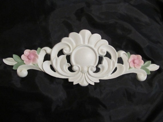 White Ornate Pediment with Pink Flowers, WALL DECOR, Plaster, Handmade, Hand Painted, Shabby Chic, Cottage, Topper, Romantic Home Decor