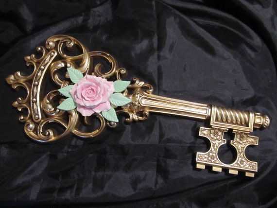 Gold KEY Wall DECOR, Added Pink Rose, Ornate Designs, Gold Crown Motif, Vintage, Shabby Chic Decor, Cottage, Old World, Pink Rose Decor
