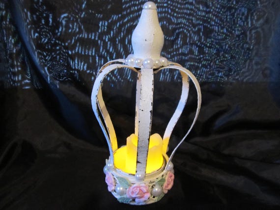 White Crown Candleholder, Metal, Battery Candle, Pink Roses, Half Pearls, Distressed, Shabby Chic, Crown Collection, Pink Rose Decor