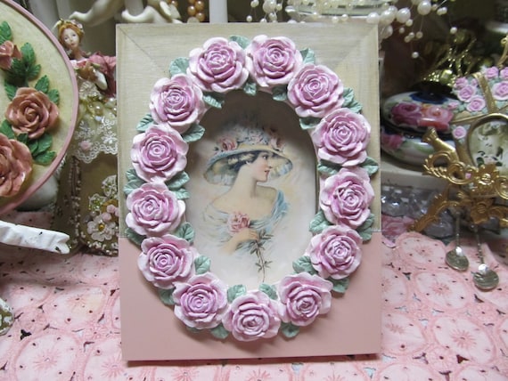 Pink "Shabby Chic" PHOTO FRAME with Pink Rose Oval, Tabletop, 4"x6", Hand Molded & Hand Painted Roses, Cottage, Pink Cabbage Roses