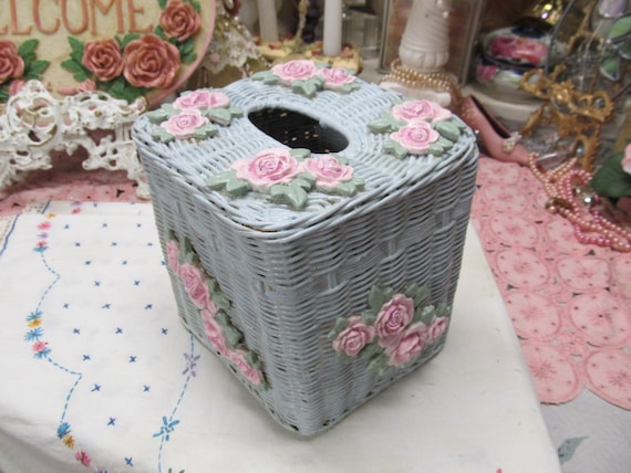 Blue Wicker Tissue Box Cover, Hand Molded & Painted Pink Roses, Shabby Chic, Cottage Decor, Vanity Decor, Romantic Home, Victorian Decor