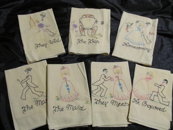 Vintage WEDDING STORY Embroideries, 7 Pieces, Each 18" x 34", Shabby Chic, Cottage, Wedding Gift, Victorian, Crafts, Handmade
