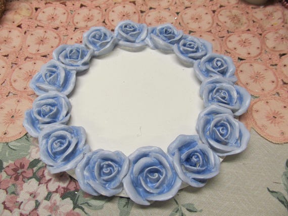 Blue Rose CANDLE PLATE/ Vanity Tray, Hand Molded and Hand Painted, Shabby Chic, Victorian, Cottage, Home Decor