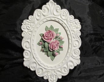 White Oval WALL DECOR, Added Pink Molded Roses, Ornate Frame, Shabby Chic Decor, Cottage Decor, Victorian, Romantic Home, Pink Rose Decor