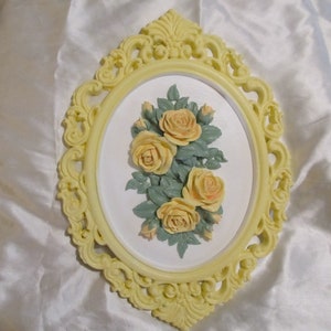 Yellow Oval WALL DECOR, Added Yellow Molded Roses, Ornate Frame, Shabby Chic Decor, Cottage Decor, Victorian, Romantic Home, Yellow Decor